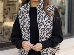 Everett Khaki Multi Leopard Puffer Vest