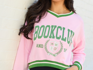 Book Club Pink and Green Cropped Graphic Sweatshirt