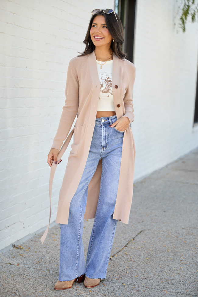 Norah Taupe Button Down With Tie Long Cardigan