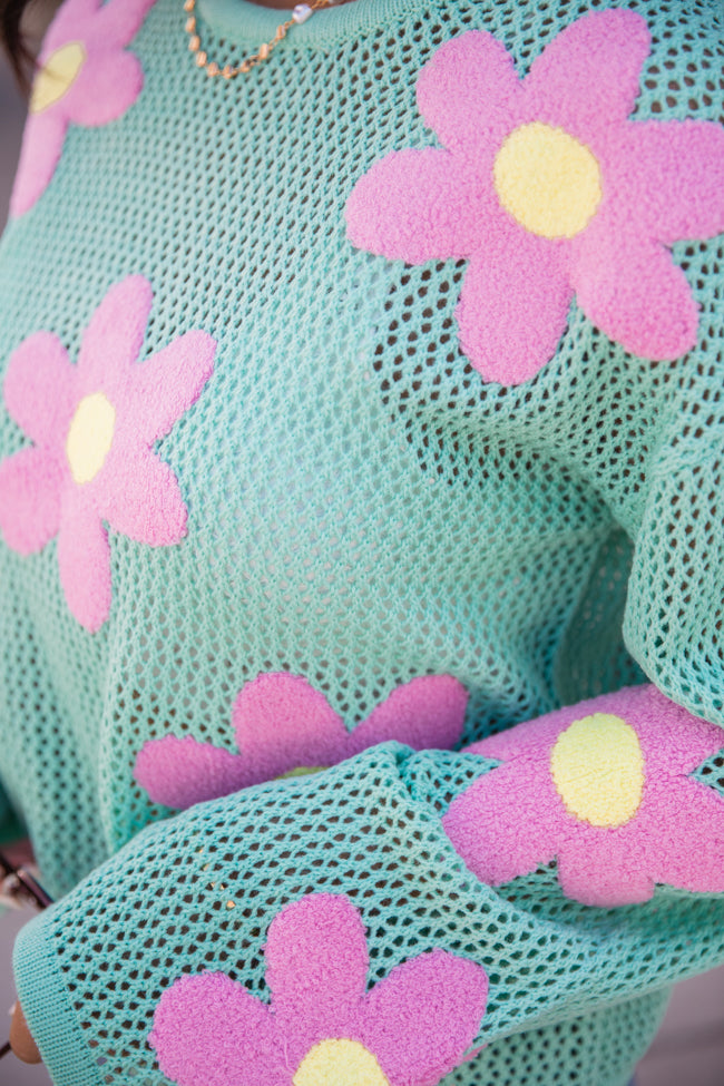 Follow You Around Mint And Pink Flower Embroidered Sweater FINAL SALE - Image 3