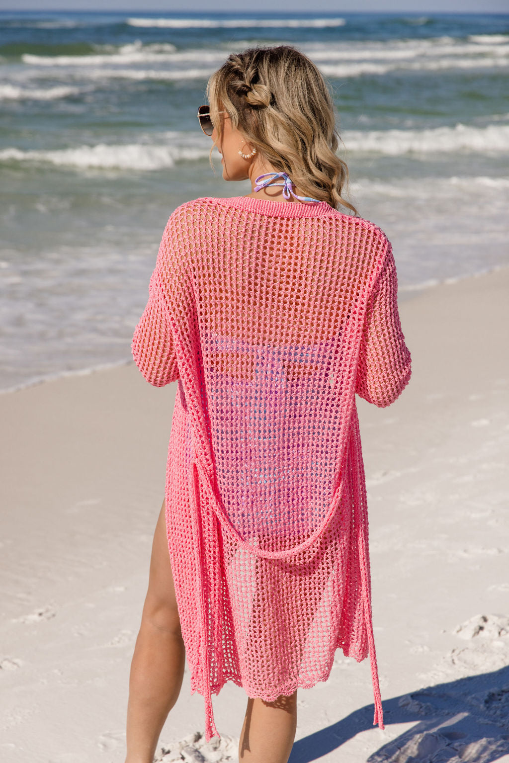 Nautical Charm Pink Open Knit Belted Cover Up FINAL SALE - Image 5