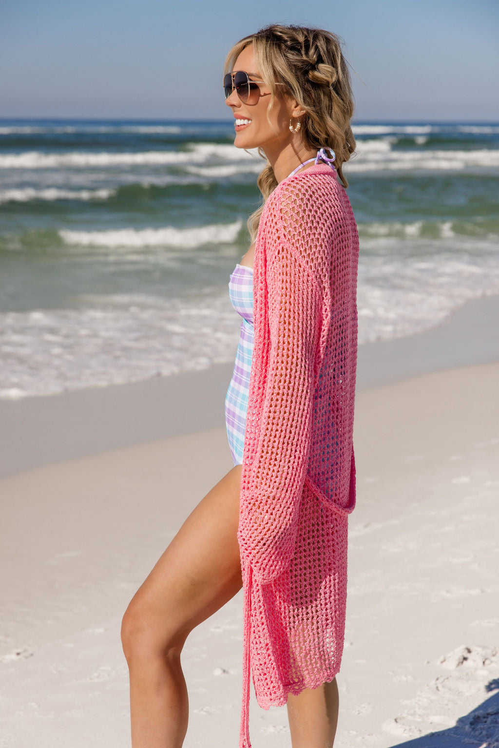 Nautical Charm Pink Open Knit Belted Cover Up FINAL SALE - Image 4