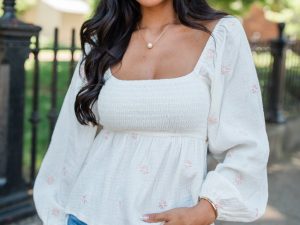 Darling Days Ivory Floral Embroidered Gauze Top