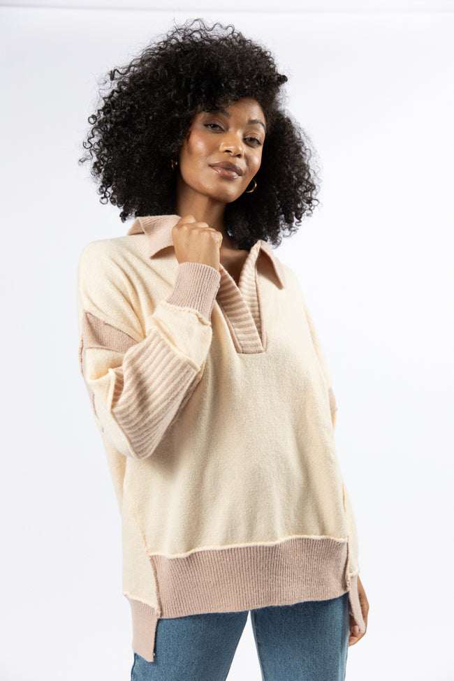 Think About It Cream and Mauve Collared Oversized Sweater - Image 4