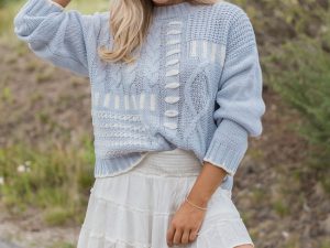 Hand In My Hand Blue and Ivory Contrast Stitch Detail Sweater FINAL SALE