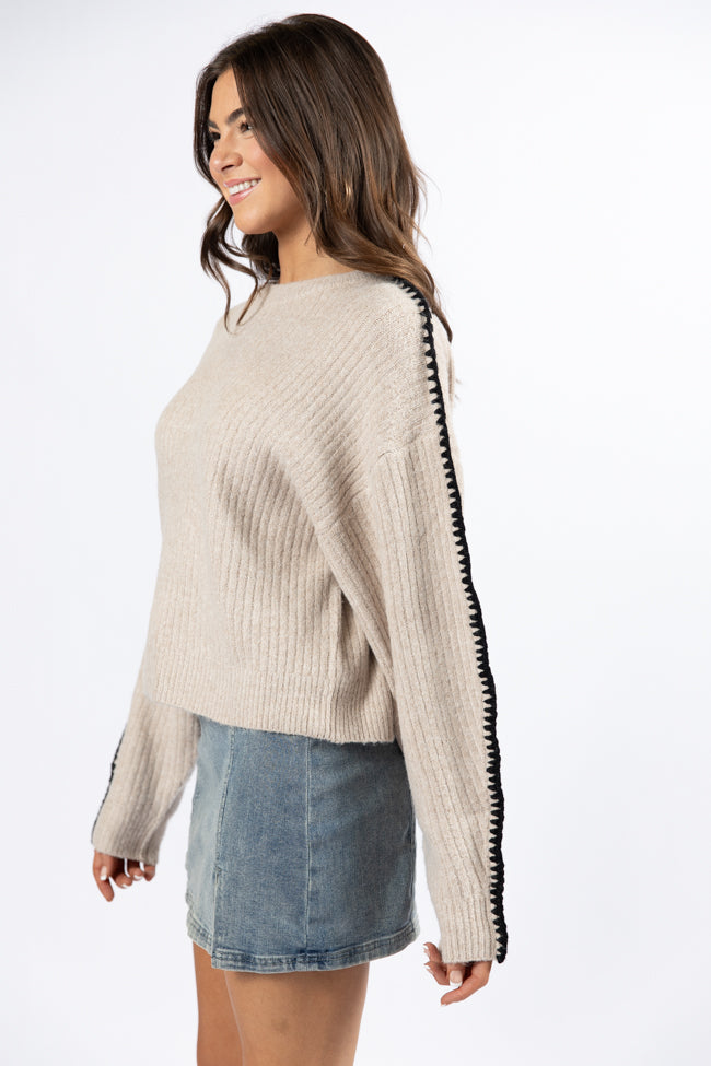 In and Out Taupe and Black Contrast Stitch Sweater FINAL SALE - Image 3