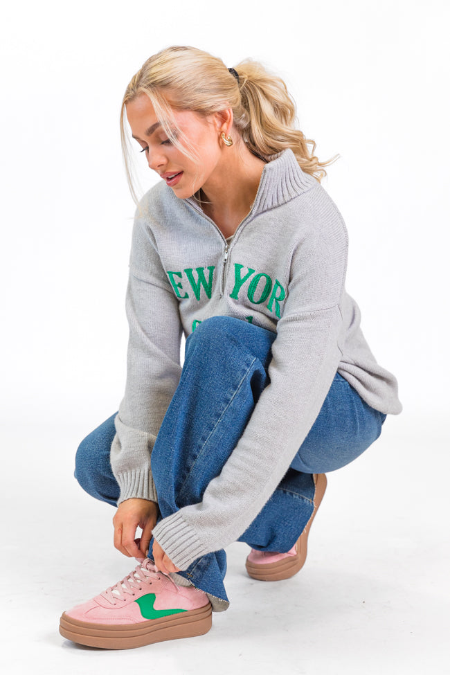 Roll With It Grey and Green New York Embroidered Quarter Zip Sweater FINAL SALE - Image 2