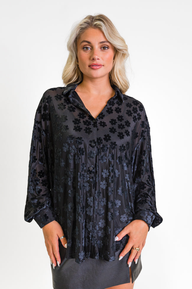 Face The Day Black Velvet Floral Button Down Blouse FINAL SALE - Image 2