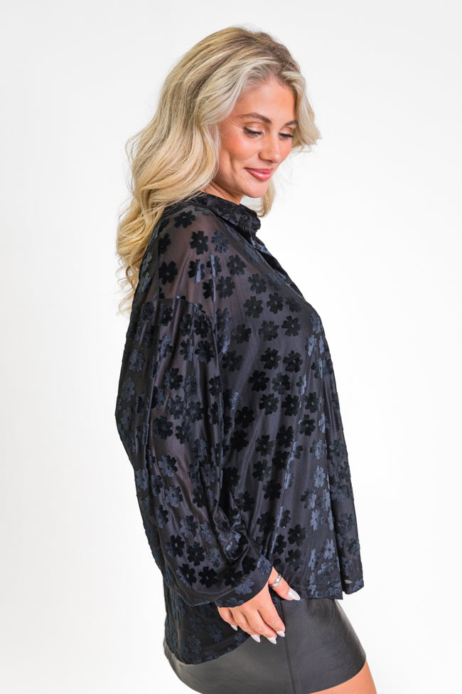 Face The Day Black Velvet Floral Button Down Blouse FINAL SALE - Image 3