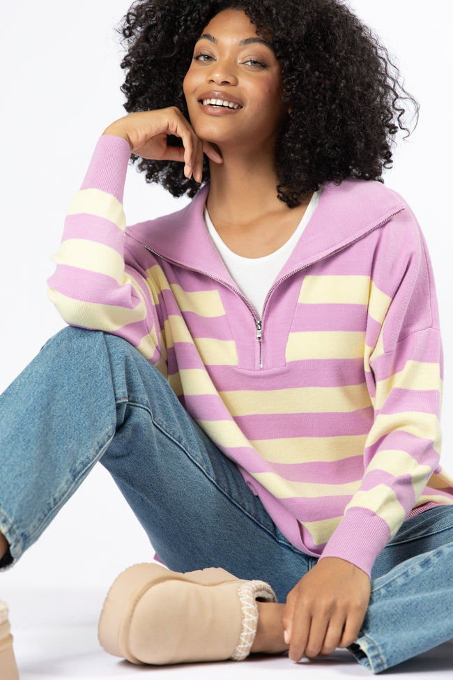 Pulling Heartstrings Purple And Yellow Striped Quarter Zip Pullover FINAL SALE