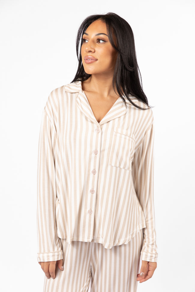 Good To Get Away Neutral Stripe Long Sleeve Pajama Top FINAL SALE - Image 3