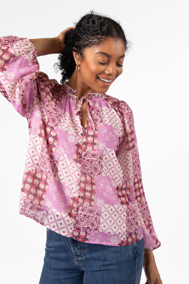Fade Into You Purple Multi Button Detail Printed Blouse FINAL SALE