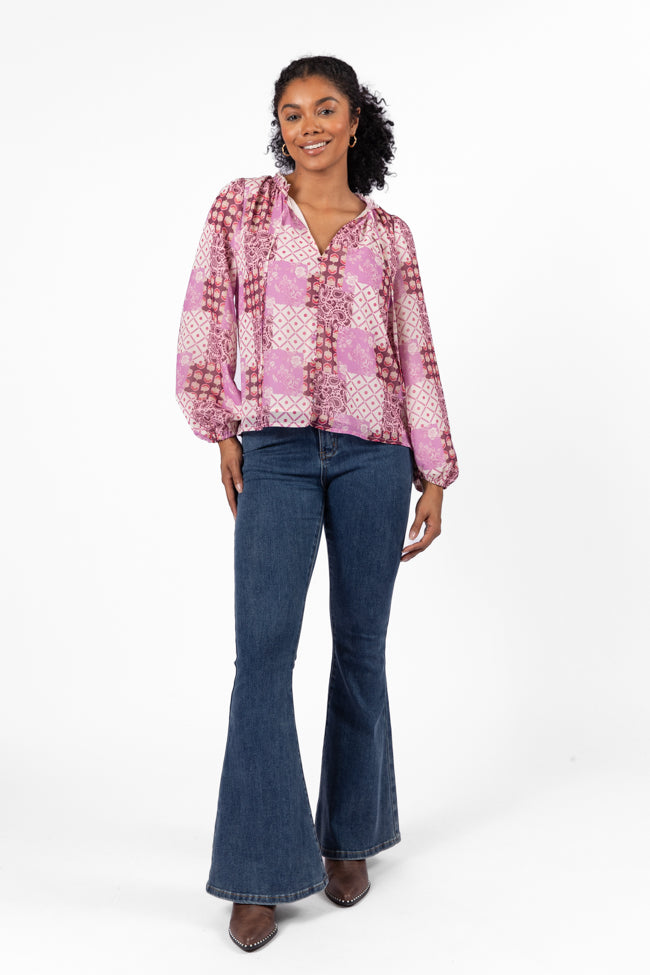 Fade Into You Purple Multi Button Detail Printed Blouse FINAL SALE - Image 2