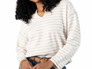 Many Beginnings Cream and Beige Striped Notched Neck Tee FINAL SALE