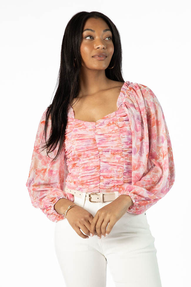 Show Me The Way Pink Multi Ruched Balloon Sleeve Floral Bodysuit FINAL SALE