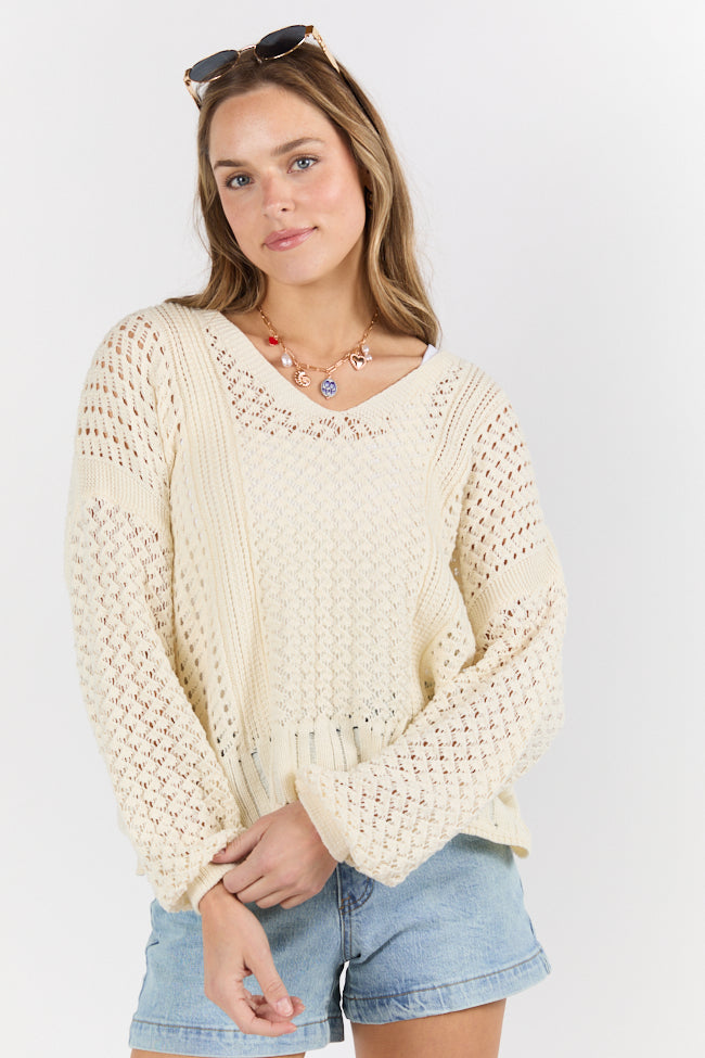Morning Markets Cream Open Knit V-Neck Sweater FINAL SALE