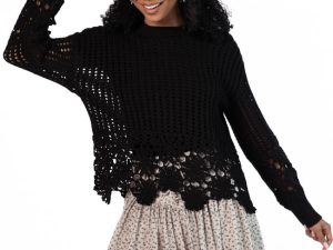 A Little Dramatic Black Flower Trim Crochet Sweater FINAL SALE