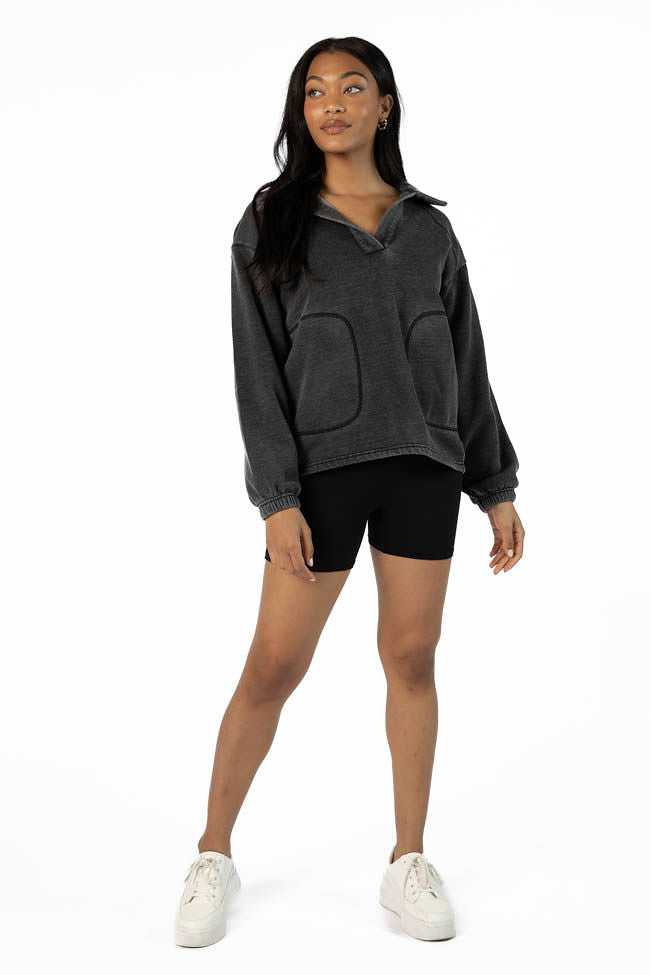 Learn As You Go Black Acid Wash Collared Pullover FINAL SALE - Image 2