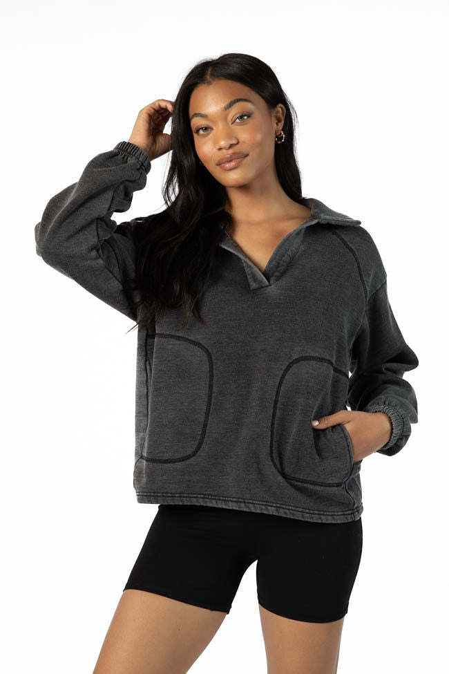 Learn As You Go Black Acid Wash Collared Pullover FINAL SALE