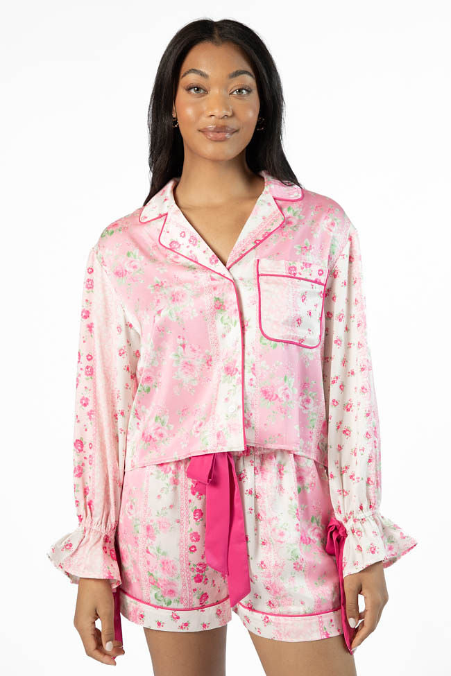 Dont Wake Me Up Pink Multi Floral Long Sleeve Satin Pajama Top FINAL SALE - Image 2