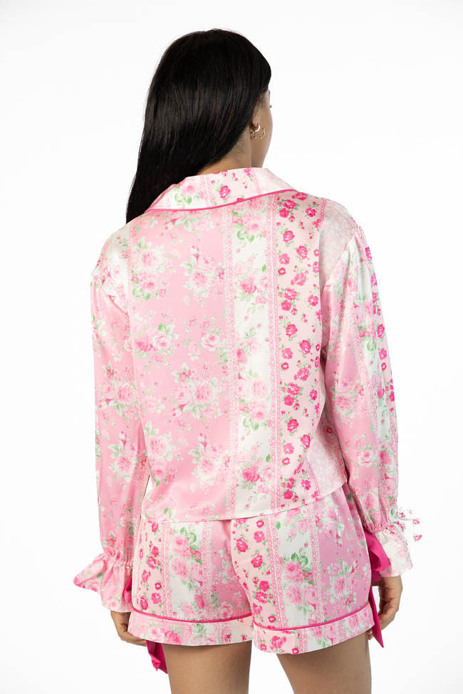 Dont Wake Me Up Pink Multi Floral Long Sleeve Satin Pajama Top FINAL SALE - Image 5