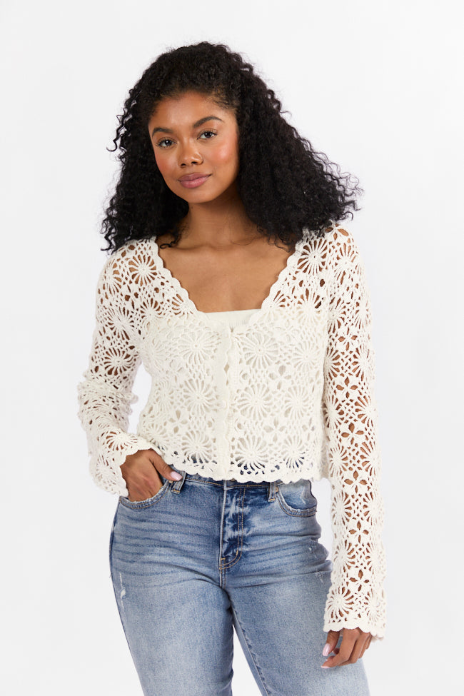 Unbeatable Memories Long Sleeve Ivory Crochet Cardigan FINAL SALE