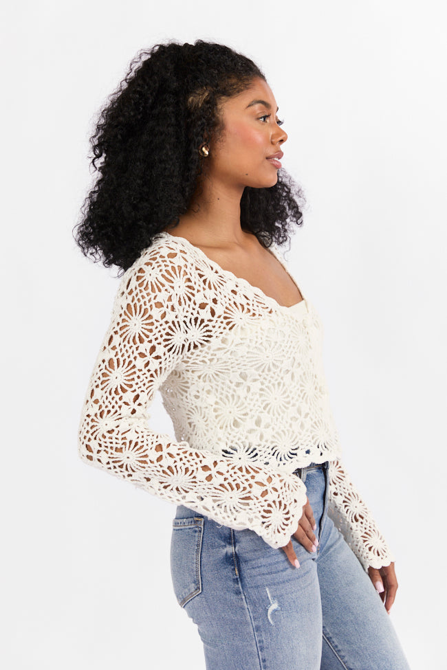 Unbeatable Memories Long Sleeve Ivory Crochet Cardigan FINAL SALE - Image 3