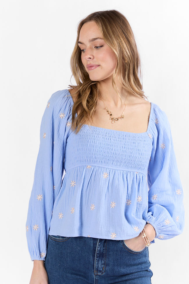 Darling Days Blue Floral Embroidered Gauze Top FINAL SALE - Image 3