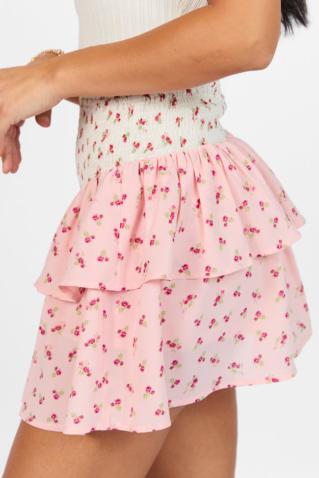 Special Day Ivory and Pink Multi Floral Color Block Tiered Skort FINAL SALE - Image 3
