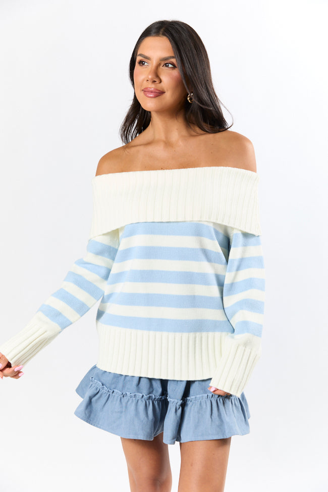 Undertow Feelings Ivory and Blue Striped Off The Shoulder Sweater FINAL SALE - Image 3
