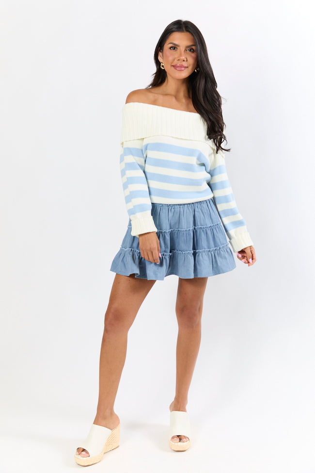 Undertow Feelings Ivory and Blue Striped Off The Shoulder Sweater FINAL SALE - Image 4