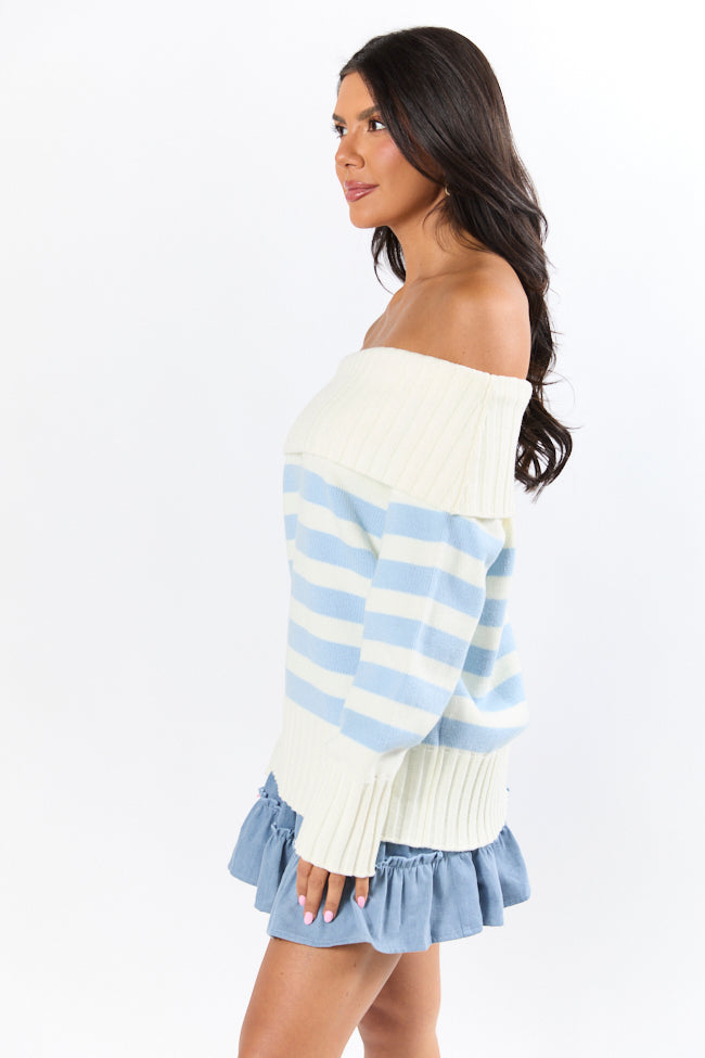 Undertow Feelings Ivory and Blue Striped Off The Shoulder Sweater FINAL SALE - Image 6