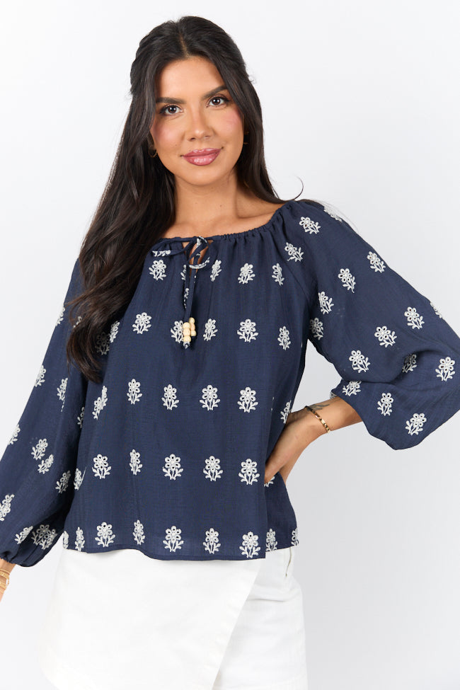 Come Along Navy Embroidered Woven Pop Over Blouse FINAL SALE