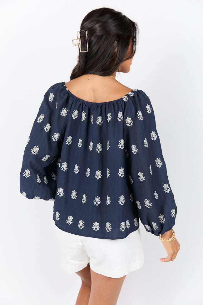 Come Along Navy Embroidered Woven Pop Over Blouse FINAL SALE - Image 3