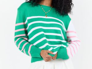 Coastal Prep Green and Pink Color Block Crew Neck Sweater FINAL SALE