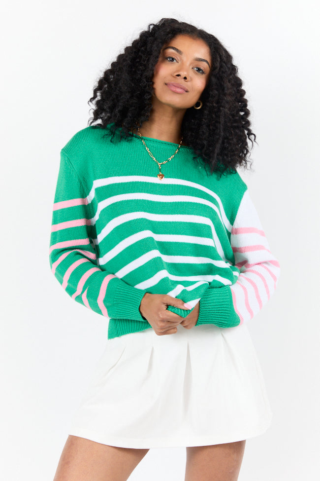 Coastal Prep Green and Pink Color Block Crew Neck Sweater FINAL SALE