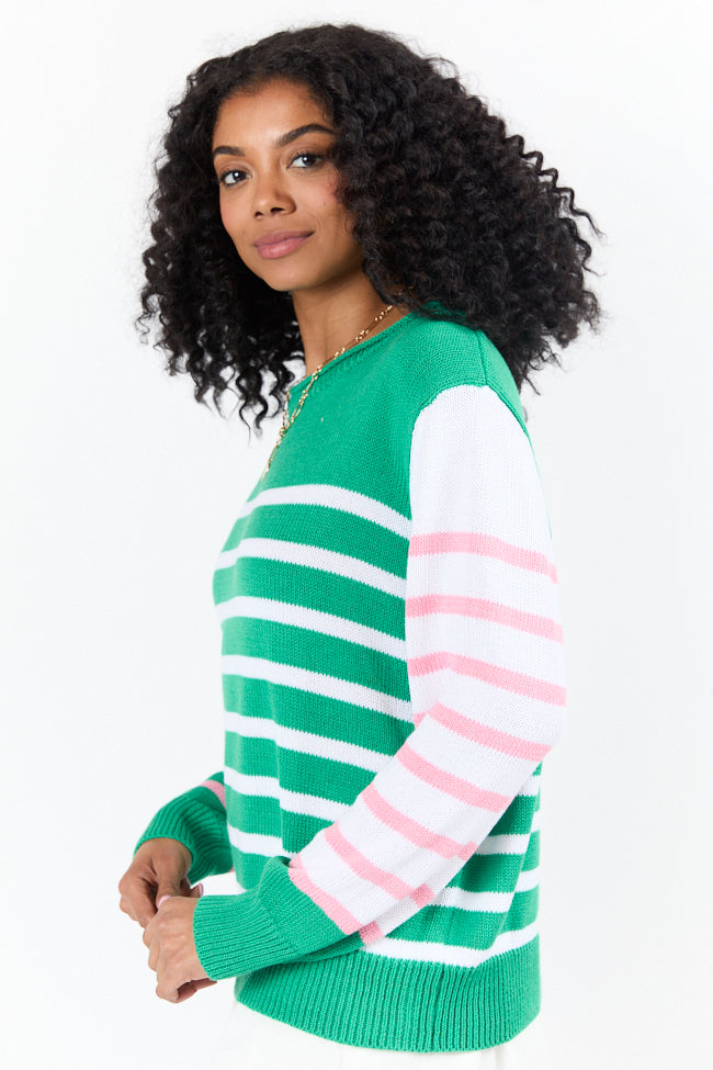 Coastal Prep Green and Pink Color Block Crew Neck Sweater FINAL SALE - Image 3