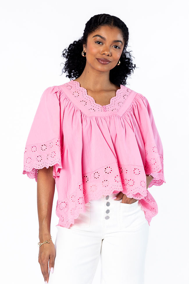 No Regrets Pink Eyelet Detail Popover Short Sleeve Blouse FINAL SALE - Image 4