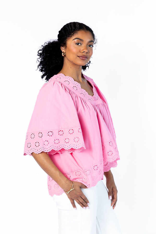 No Regrets Pink Eyelet Detail Popover Short Sleeve Blouse FINAL SALE - Image 6
