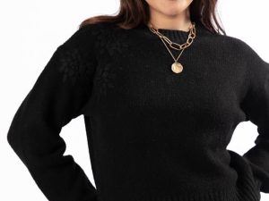 Days Of Dreaming Black Floral Embroidered Crew Neck Sweater FINAL SALE