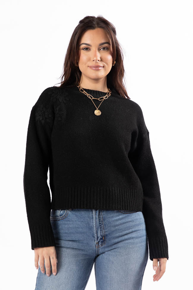 Days Of Dreaming Black Floral Embroidered Crew Neck Sweater FINAL SALE - Image 4