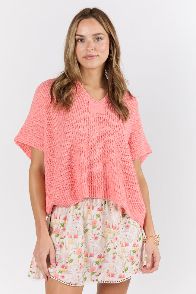 Make Waves Coral Short Sleeve Textured Lightweight Sweater FINAL SALE - Image 3
