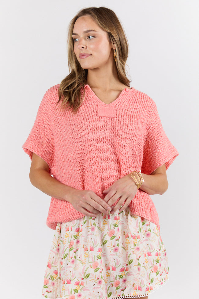 Make Waves Coral Short Sleeve Textured Lightweight Sweater FINAL SALE