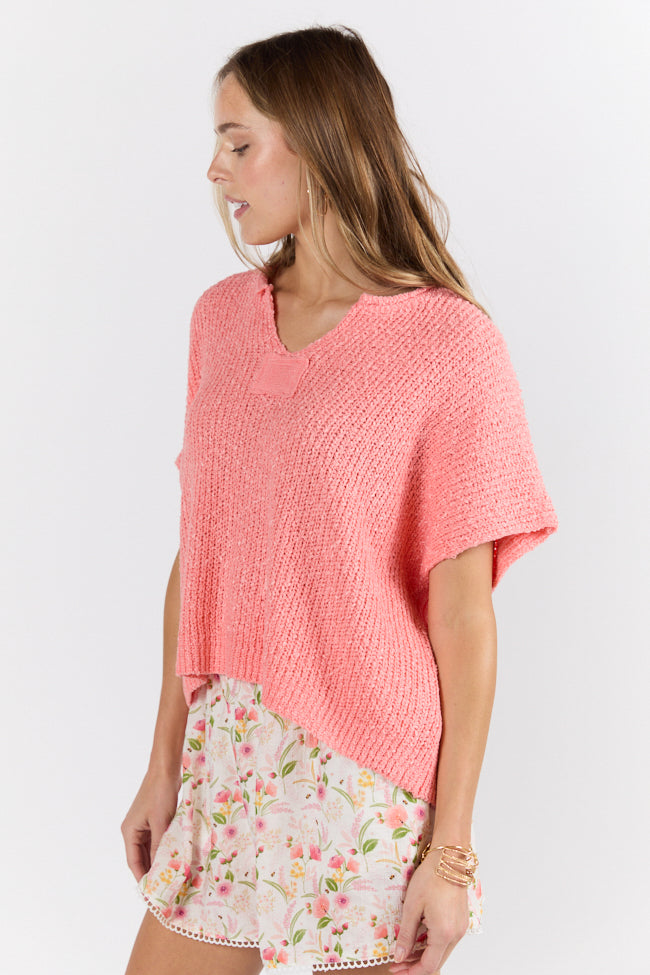 Make Waves Coral Short Sleeve Textured Lightweight Sweater FINAL SALE - Image 5