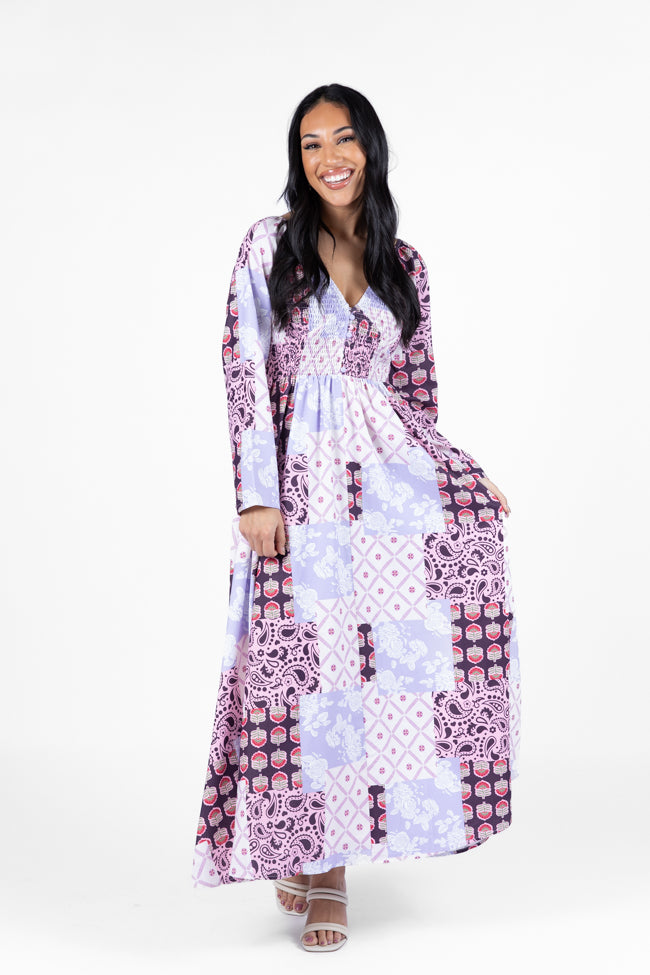 Falling Petals Purple Patchwork Printed Maxi Dress FINAL SALE - Image 4
