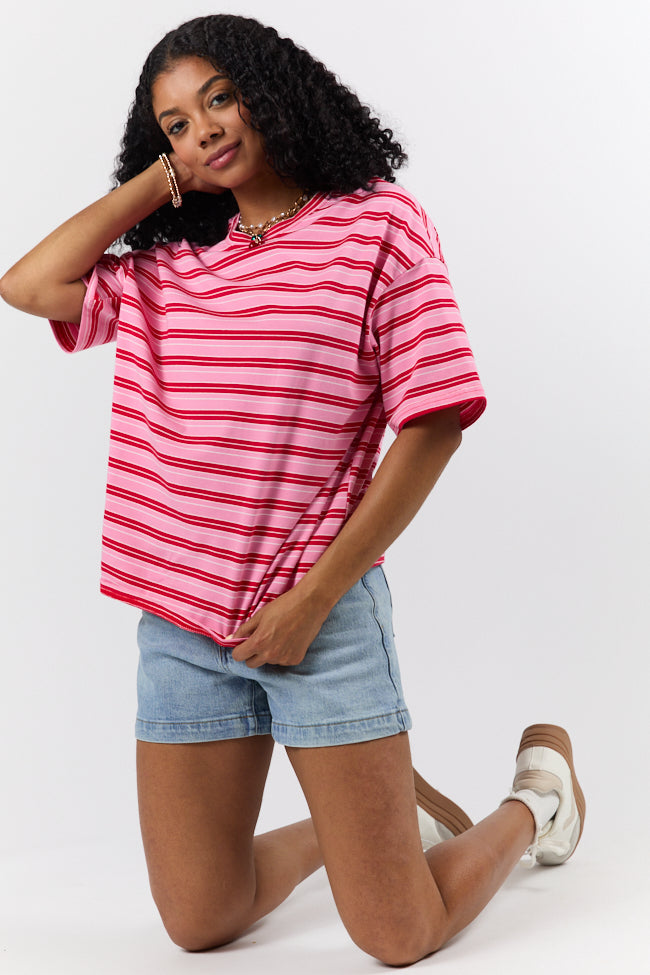 Between The Lines Pink and Red Oversized Striped Tee FINAL SALE