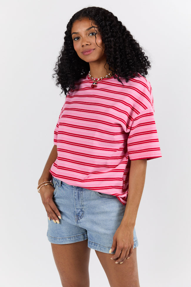 Between The Lines Pink and Red Oversized Striped Tee FINAL SALE - Image 2