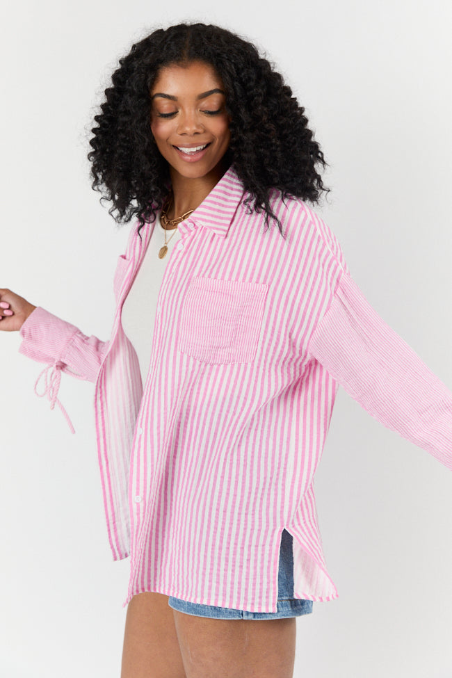 Daybreak Dreams Pink Gauze Multi Stripe Button Down Top FINAL SALE - Image 2