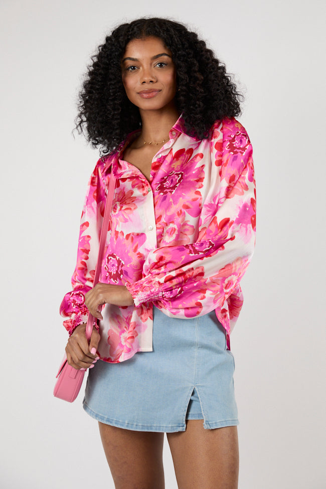I've Been Waiting Rose Floral Satin Button Down Blouse FINAL SALE