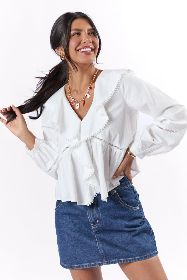 Burn The Breeze Ivory Ladder Detail Ruffle Front Blouse FINAL SALE